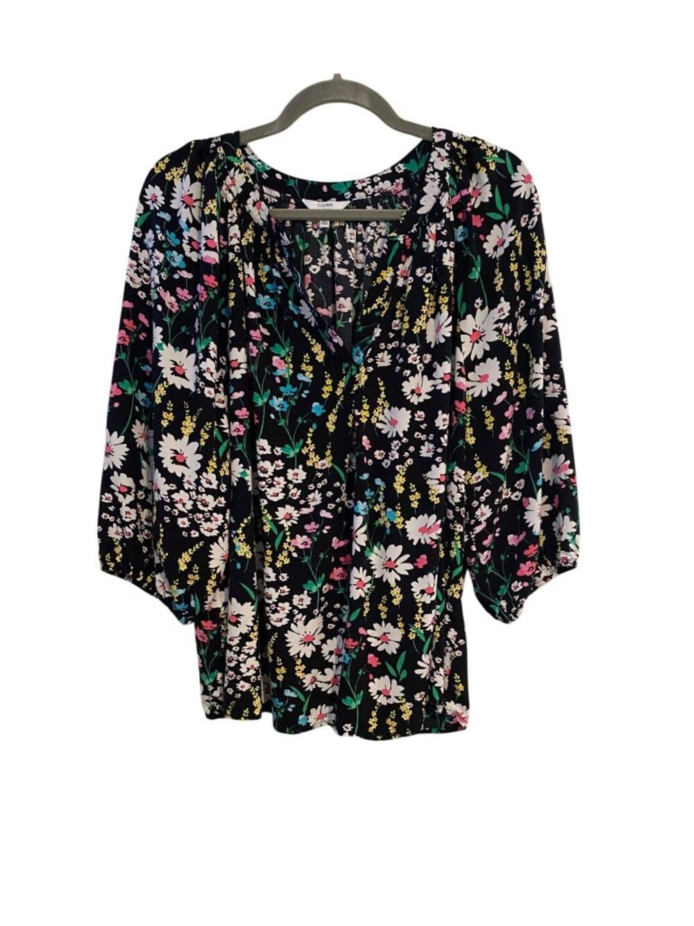 Crown & Ivy Curvy Women's 3X Black Floral Top 3/4 Puff Sleeve Rayon Flowy Casual